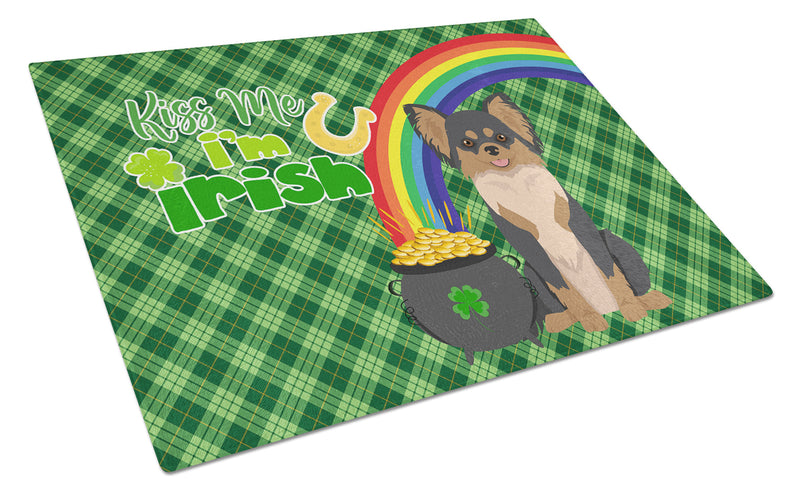 Longhaired Black and Tan Chihuahua St. Patrick's Day Glass Cutting Boards – Durable, Decorative Kitchen Art Large