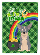 Blue and White Chihuahua St. Patrick's Garden Flag – "Kiss Me I’m Irish" with Pot of Gold & Rainbow