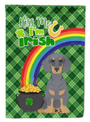 Blue and Tan Dachshund St. Patrick's Garden Flag – "Kiss Me I’m Irish" with Pot of Gold & Rainbow