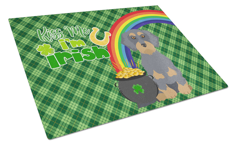 Wirehair Blue and Tan Dachshund St. Patrick's Day Glass Cutting Boards – Durable, Decorative Kitchen Art Large