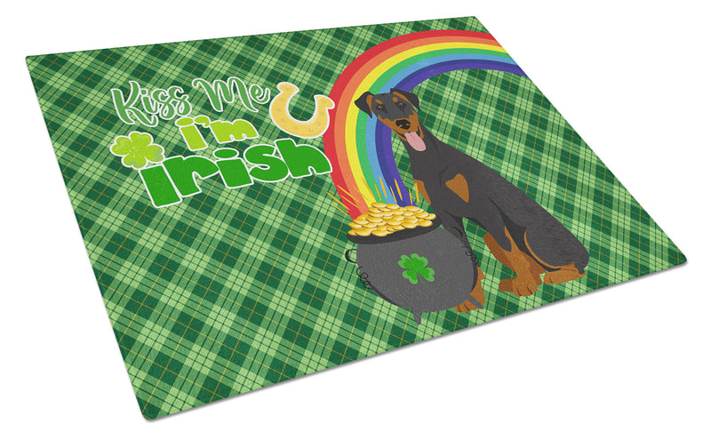 Natural Ear Black and Tan Doberman Pinscher St. Patrick's Day Glass Cutting Boards – Durable, Decorative Kitchen Art Large