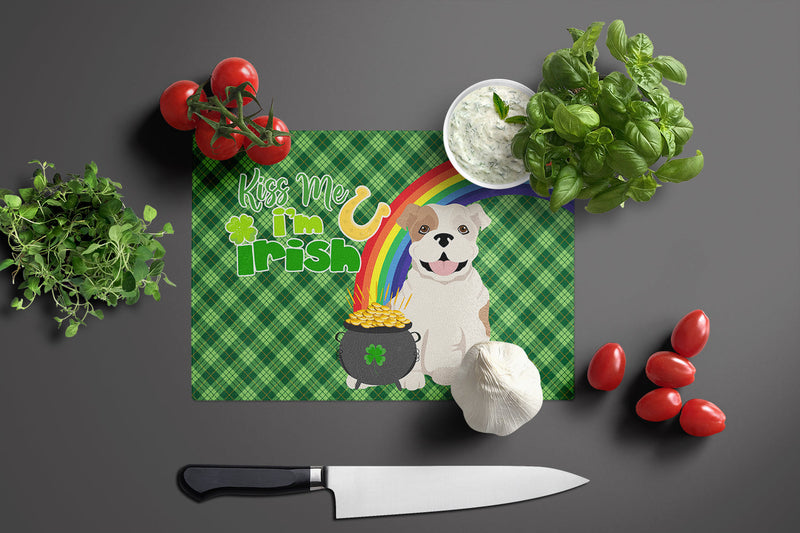 Piebald English Bulldog St. Patrick's Day Glass Cutting Boards – Durable, Decorative Kitchen Art Large