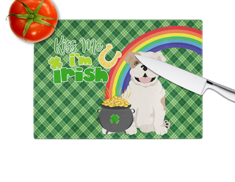 Piebald English Bulldog St. Patrick's Day Glass Cutting Boards – Durable, Decorative Kitchen Art Large