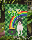 Black White Smooth Jack Russell Terrier St. Patrick's Garden Flag – "Kiss Me I’m Irish" with Pot of Gold & Rainbow