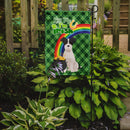 Black White Wirehair Jack Russell Terrier St. Patrick's Garden Flag – "Kiss Me I’m Irish" with Pot of Gold & Rainbow
