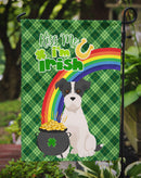 Black White Wirehair Jack Russell Terrier St. Patrick's Garden Flag – "Kiss Me I’m Irish" with Pot of Gold & Rainbow