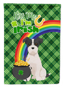Black White Wirehair Jack Russell Terrier St. Patrick's Garden Flag – "Kiss Me I’m Irish" with Pot of Gold & Rainbow