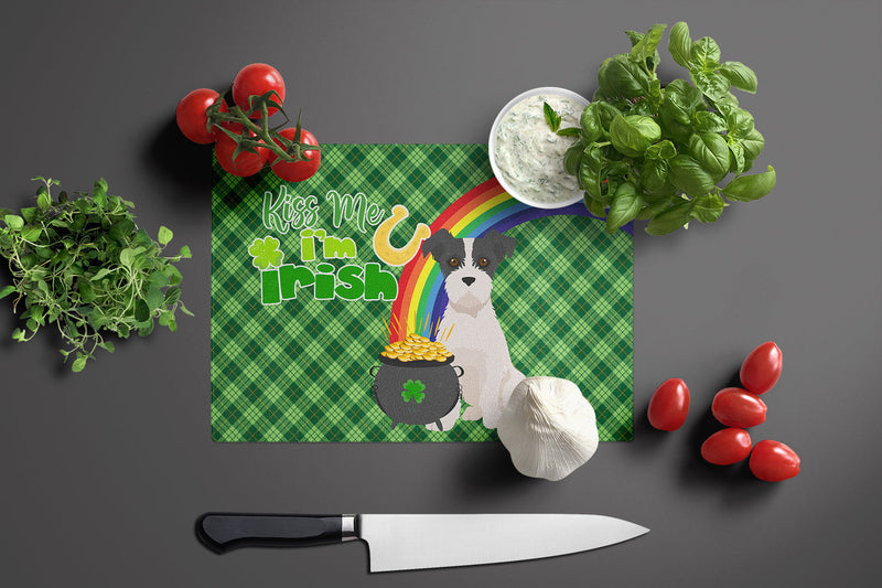 Black White Wirehair Jack Russell Terrier St. Patrick's Day Glass Cutting Boards – Durable, Decorative Kitchen Art Large