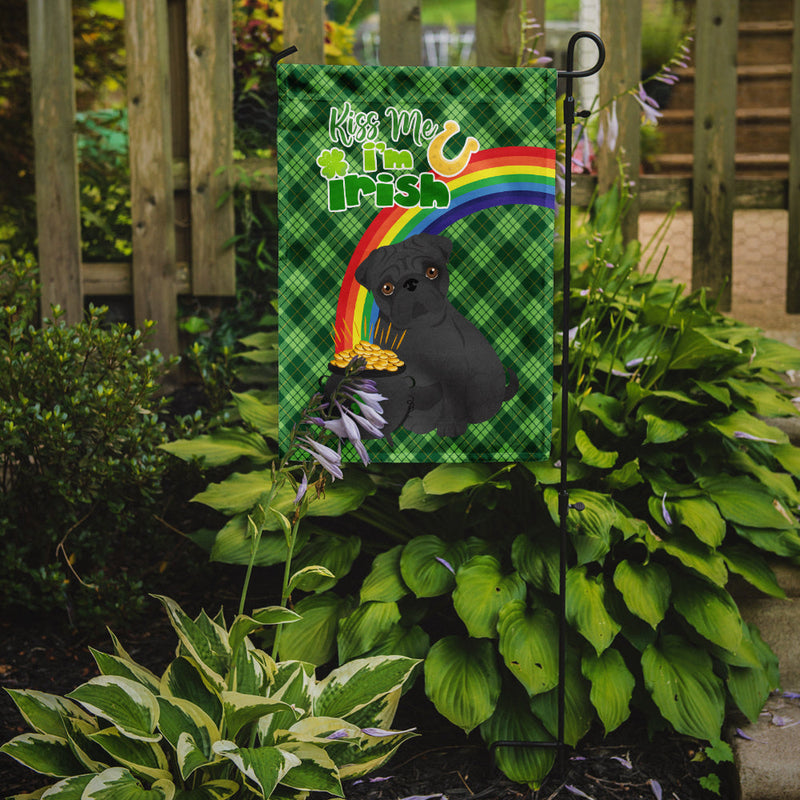 Black Pug St. Patrick's Garden Flag – "Kiss Me I’m Irish" with Pot of Gold & Rainbow
