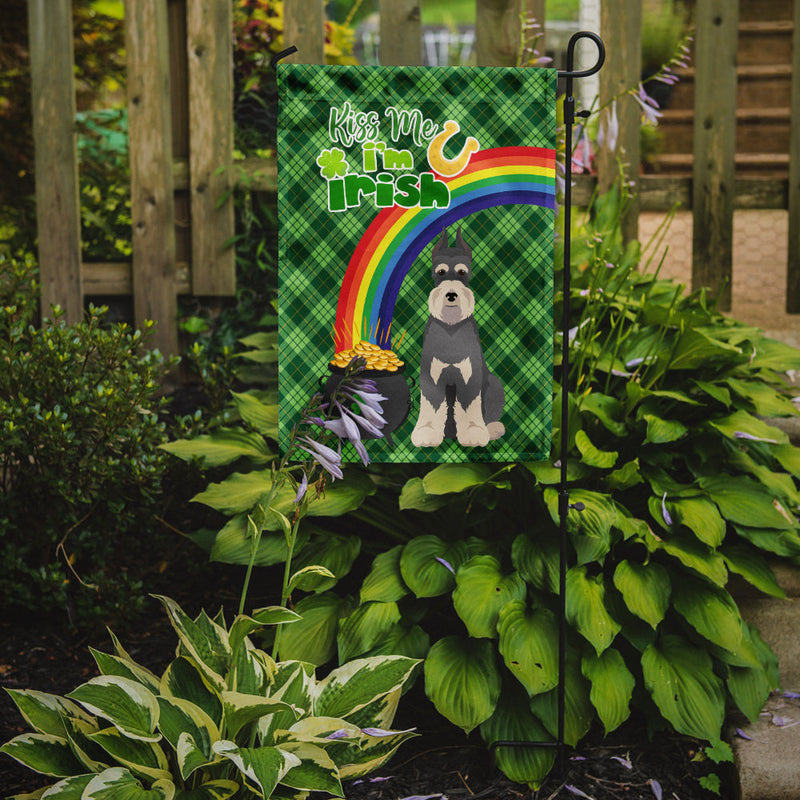 Salt Pepper Schnauzer St. Patrick's Garden Flag – "Kiss Me I’m Irish" with Pot of Gold & Rainbow