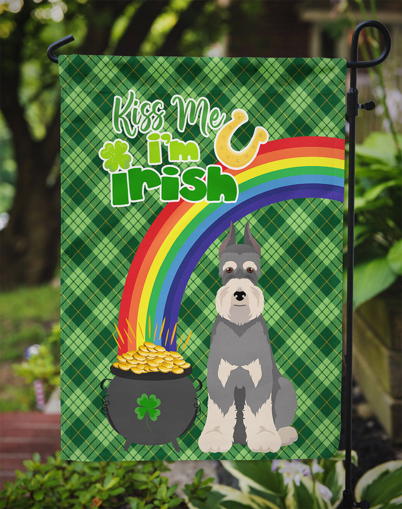 Salt Pepper Schnauzer St. Patrick's Garden Flag – "Kiss Me I’m Irish" with Pot of Gold & Rainbow