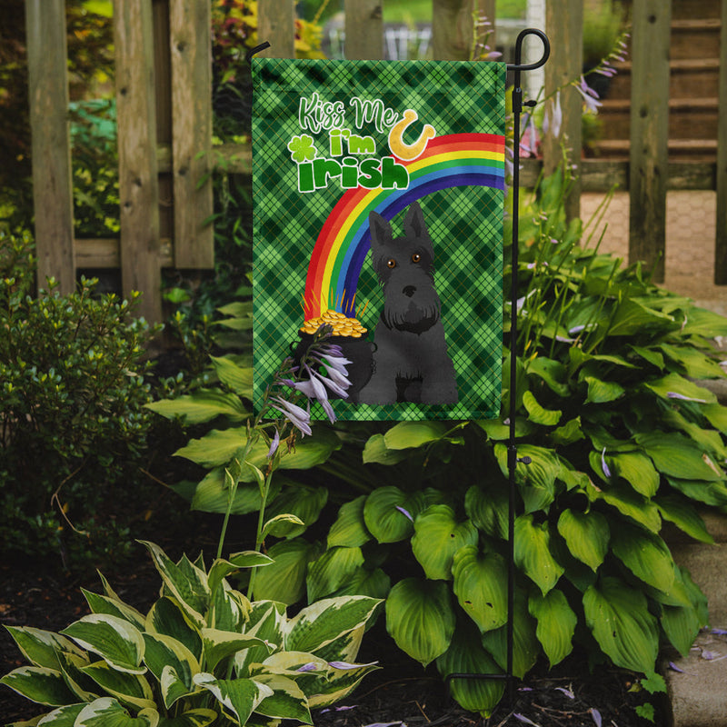 Black Scottish Terrier St. Patrick's Garden Flag – "Kiss Me I’m Irish" with Pot of Gold & Rainbow