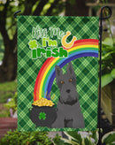 Black Scottish Terrier St. Patrick's Garden Flag – "Kiss Me I’m Irish" with Pot of Gold & Rainbow