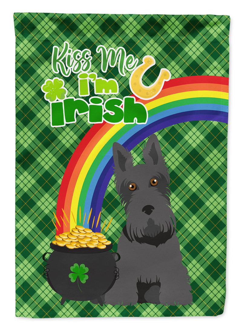 Black Scottish Terrier St. Patrick's Garden Flag – "Kiss Me I’m Irish" with Pot of Gold & Rainbow