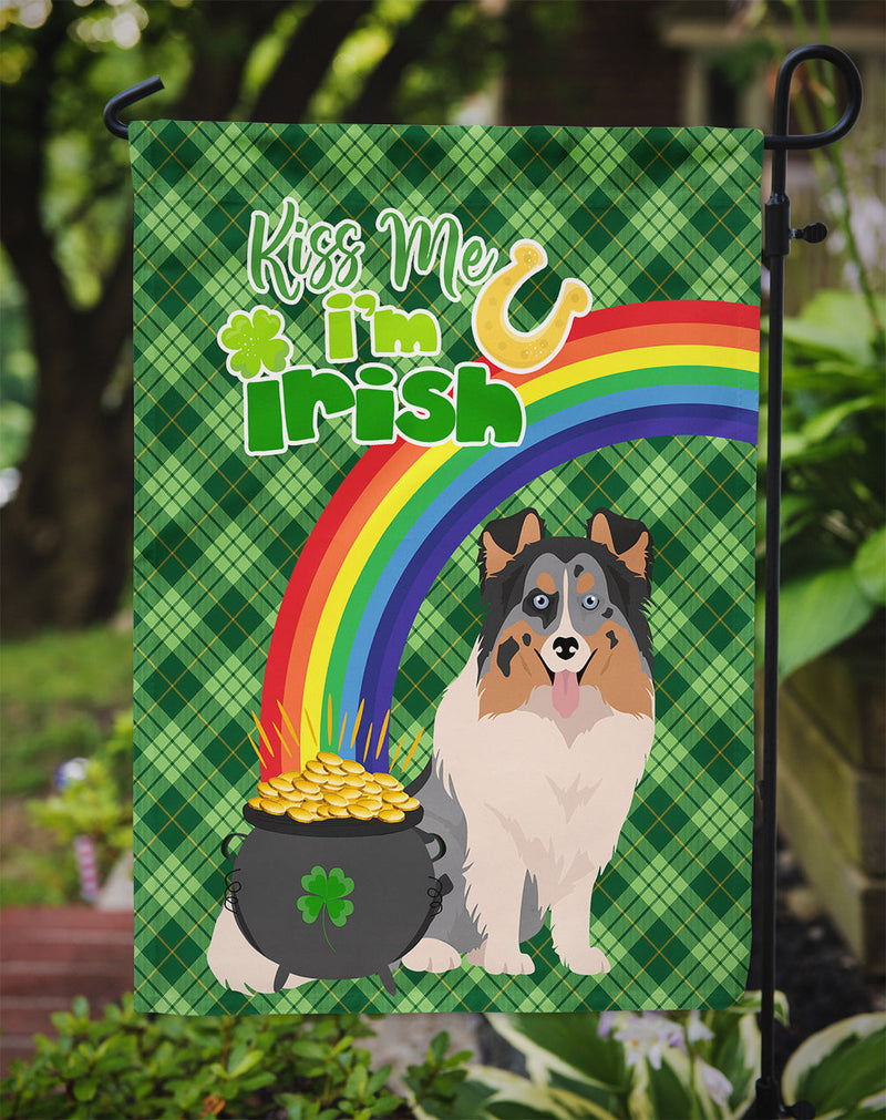 Blue Merle Sheltie St. Patrick's Garden Flag – "Kiss Me I’m Irish" with Pot of Gold & Rainbow