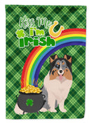 Blue Merle Sheltie St. Patrick's Garden Flag – "Kiss Me I’m Irish" with Pot of Gold & Rainbow