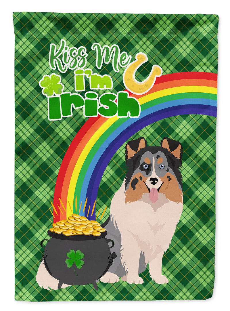 Blue Merle Sheltie St. Patrick's Garden Flag – "Kiss Me I’m Irish" with Pot of Gold & Rainbow