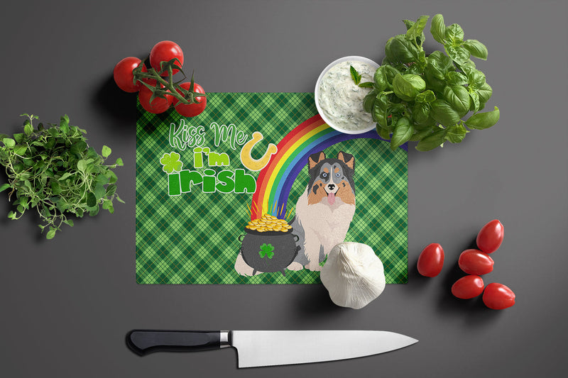 Blue Merle Sheltie St. Patrick's Day Glass Cutting Boards – Durable, Decorative Kitchen Art Large