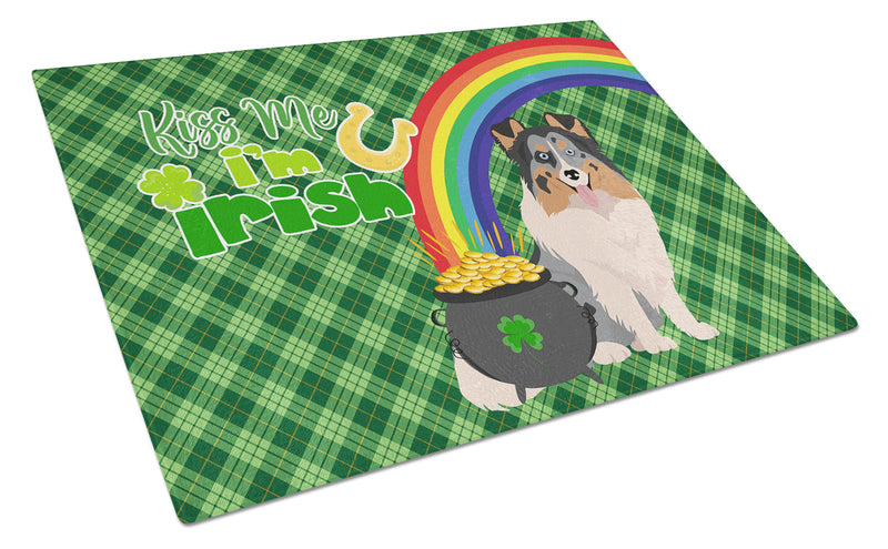 Blue Merle Sheltie St. Patrick's Day Glass Cutting Boards – Durable, Decorative Kitchen Art Large