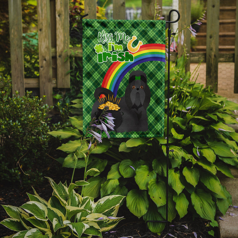 Black Shih Tzu St. Patrick's Garden Flag – "Kiss Me I’m Irish" with Pot of Gold & Rainbow