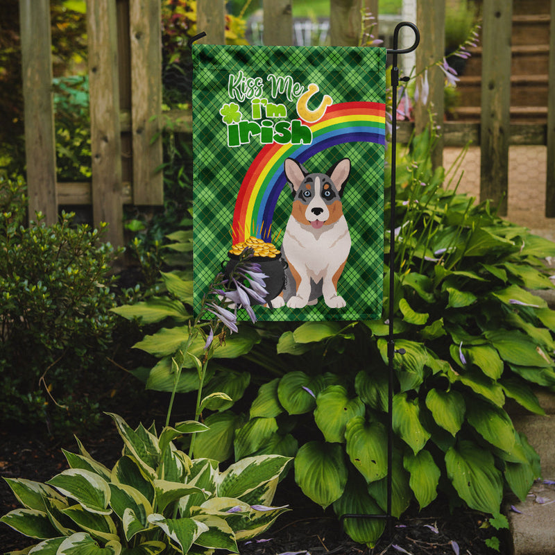 Blue Merle Cardigan Corgi St. Patrick's Garden Flag – "Kiss Me I’m Irish" with Pot of Gold & Rainbow