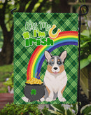 Blue Merle Cardigan Corgi St. Patrick's Garden Flag – "Kiss Me I’m Irish" with Pot of Gold & Rainbow
