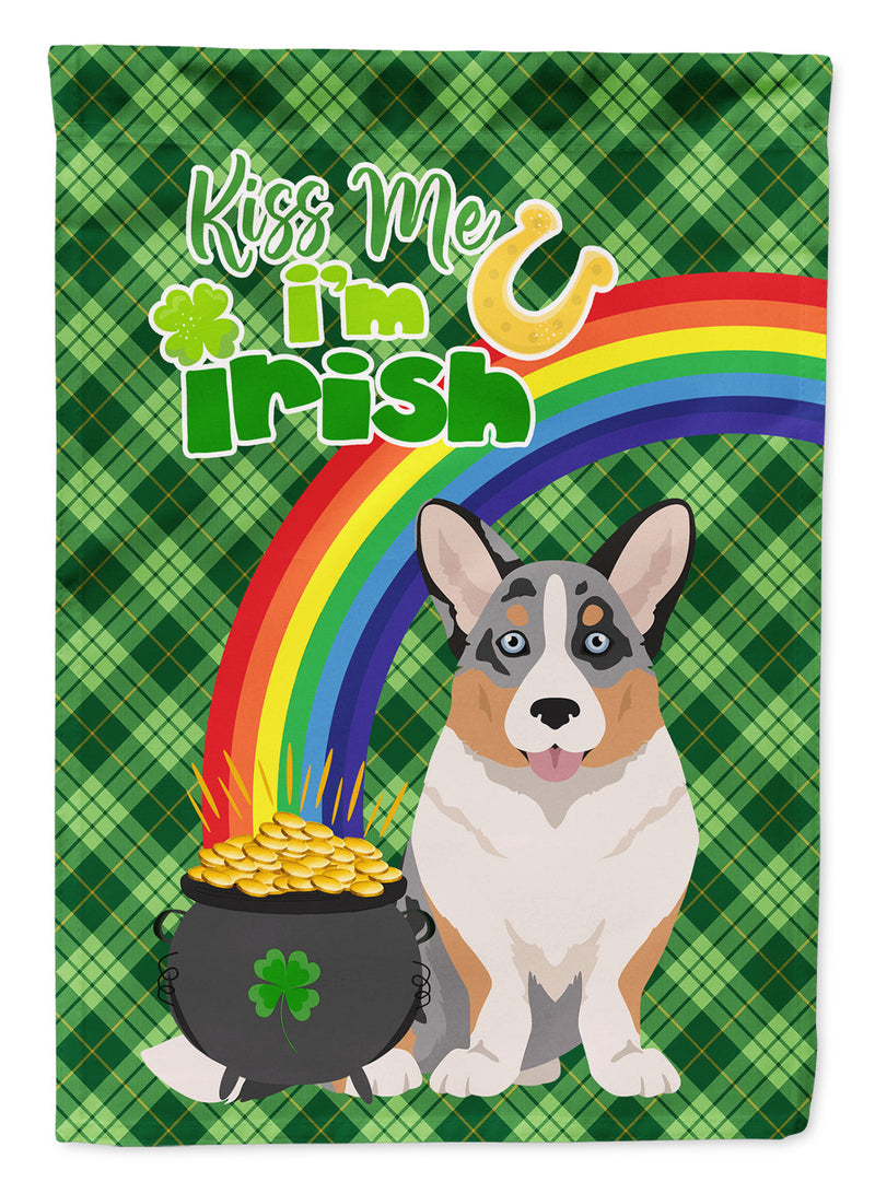 Blue Merle Cardigan Corgi St. Patrick's Garden Flag – "Kiss Me I’m Irish" with Pot of Gold & Rainbow