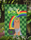 Blue and Tan Full Coat Yorkshire Terrier St. Patrick's Garden Flag – "Kiss Me I’m Irish" with Pot of Gold & Rainbow