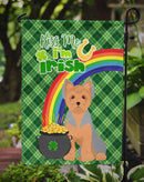 Blue and Tan Puppy Cut Yorkshire Terrier St. Patrick's Garden Flag – "Kiss Me I’m Irish" with Pot of Gold & Rainbow