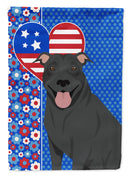 Black Pit Bull Terrier Patriotic Heart Garden Flag – Red, White & Blue Dog Decor with Star Background
