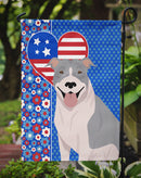 Blue and White Pit Bull Terrier Patriotic Heart Garden Flag – Red, White & Blue Dog Decor with Star Background