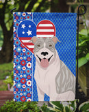 Blue Brindle Pit Bull Terrier Patriotic Heart Garden Flag – Red, White & Blue Dog Decor with Star Background