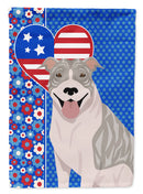 Blue Brindle Pit Bull Terrier Patriotic Heart Garden Flag – Red, White & Blue Dog Decor with Star Background