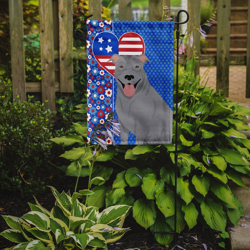 Blue Pit Bull Terrier Patriotic Heart Garden Flag – Red, White & Blue Dog Decor with Star Background