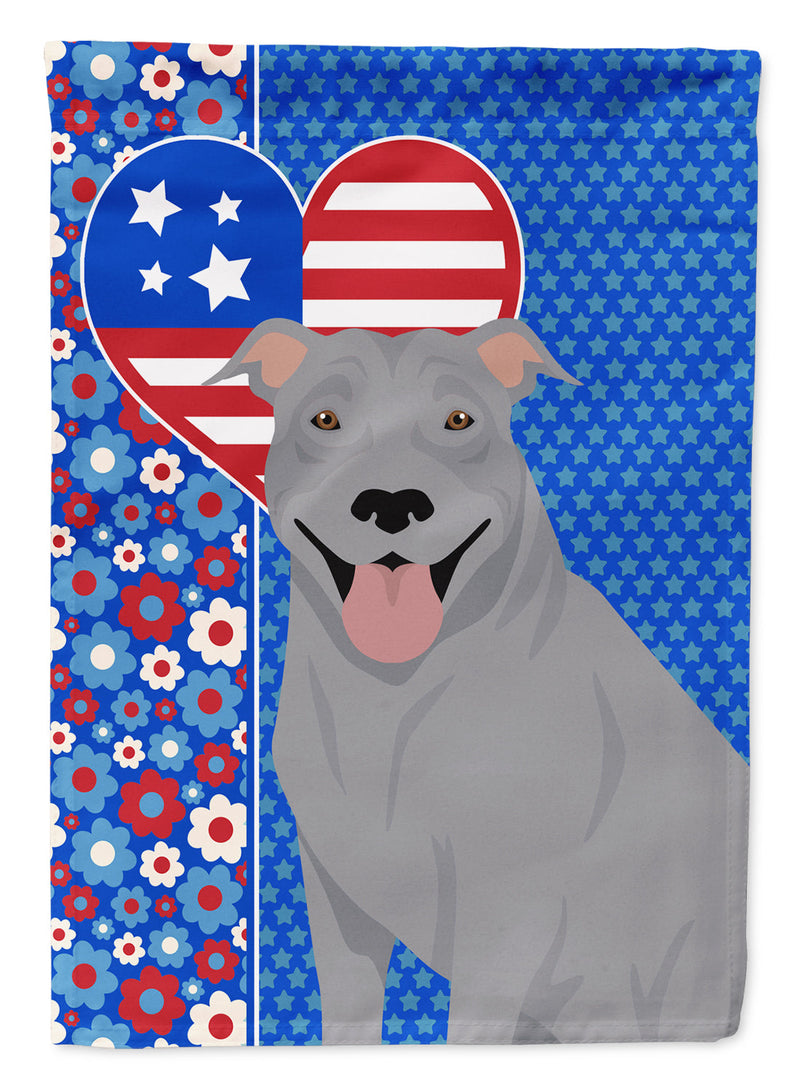 Blue Pit Bull Terrier Patriotic Heart Garden Flag – Red, White & Blue Dog Decor with Star Background