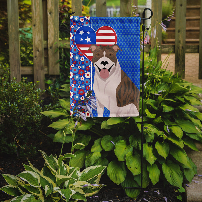 Fawn Brindle Pit Bull Terrier Patriotic Heart Garden Flag – Red, White & Blue Dog Decor with Star Background