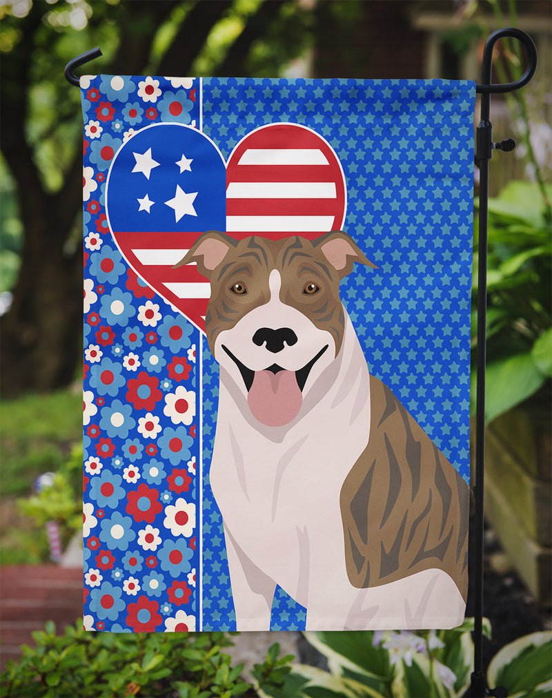 Fawn Brindle Pit Bull Terrier Patriotic Heart Garden Flag – Red, White & Blue Dog Decor with Star Background