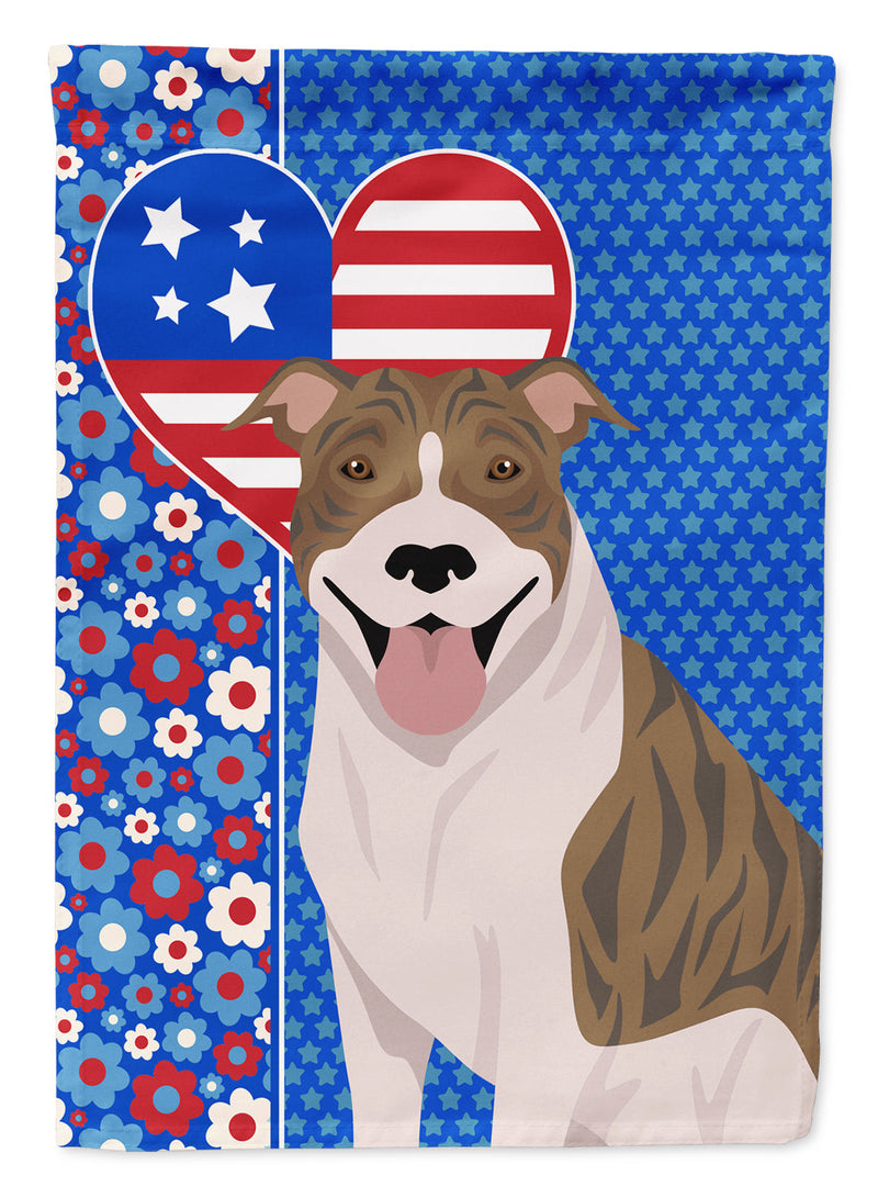 Fawn Brindle Pit Bull Terrier Patriotic Heart Garden Flag – Red, White & Blue Dog Decor with Star Background