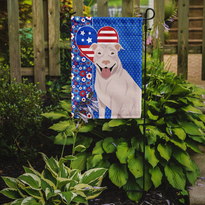 White Pit Bull Terrier Patriotic Heart Garden Flag – Red, White & Blue Dog Decor with Star Background