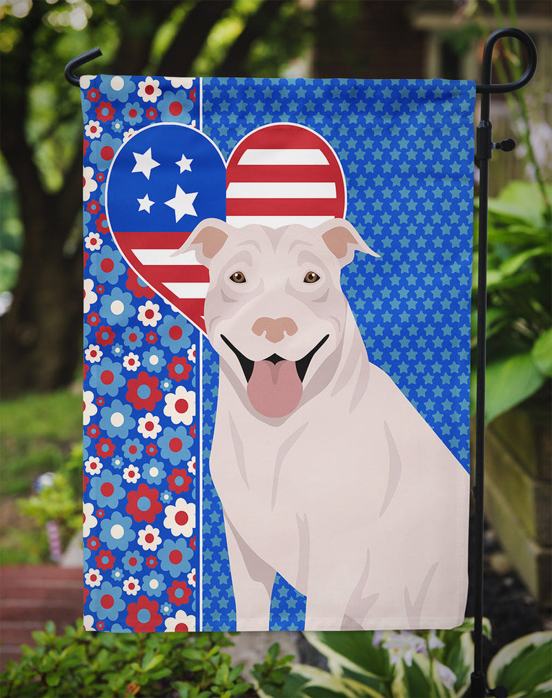 White Pit Bull Terrier Patriotic Heart Garden Flag – Red, White & Blue Dog Decor with Star Background