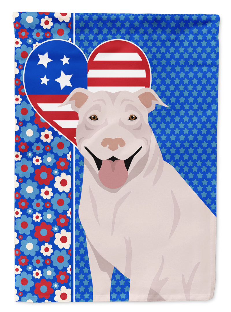 White Pit Bull Terrier Patriotic Heart Garden Flag – Red, White & Blue Dog Decor with Star Background