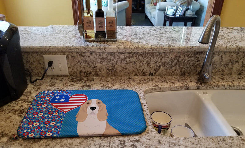 Lemon and White Tricolor Basset Hound USA American Dish Drying Mat – Absorbent, Artistic Kitchen Essentials