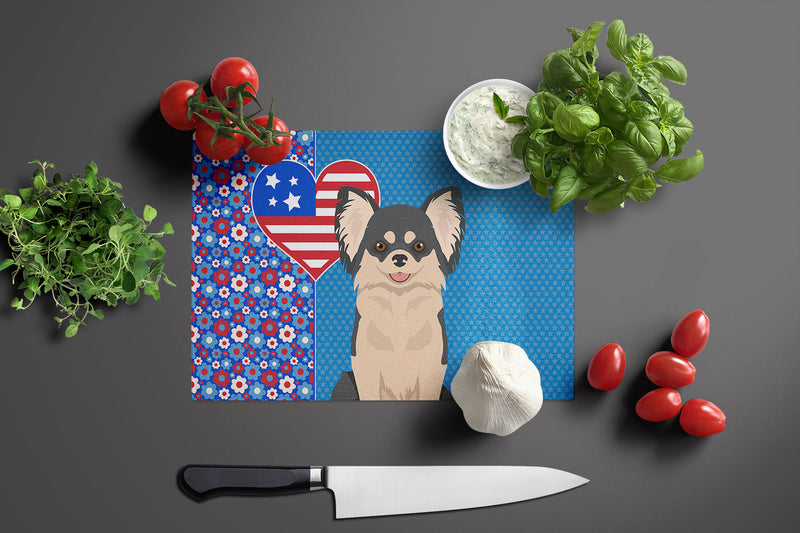 Longhaired Black and White Chihuahua USA American Glass Cutting Boards – Durable, Decorative Kitchen Art Large