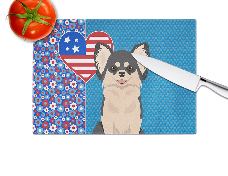 Longhaired Black and White Chihuahua USA American Glass Cutting Boards – Durable, Decorative Kitchen Art Large