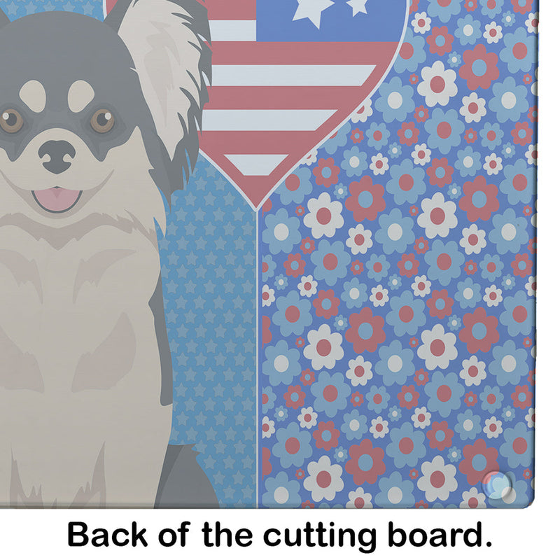 Longhaired Black and White Chihuahua USA American Glass Cutting Boards – Durable, Decorative Kitchen Art Large