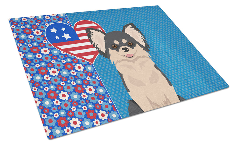 Longhaired Black and White Chihuahua USA American Glass Cutting Boards – Durable, Decorative Kitchen Art Large