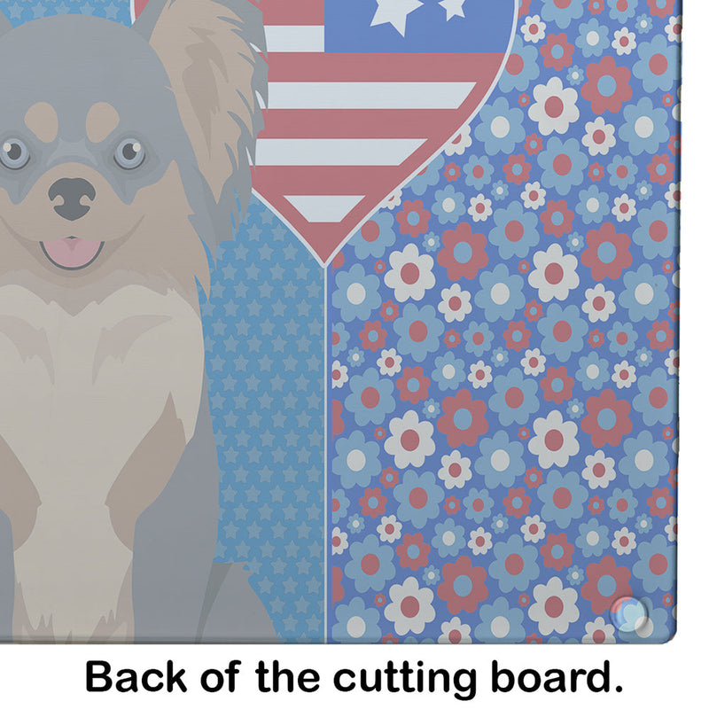 Longhaired Blue and Tan Chihuahua USA American Glass Cutting Board Large