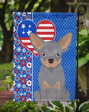 Blue and Tan Chihuahua Patriotic Heart Garden Flag – Red, White & Blue Dog Decor with Star Background