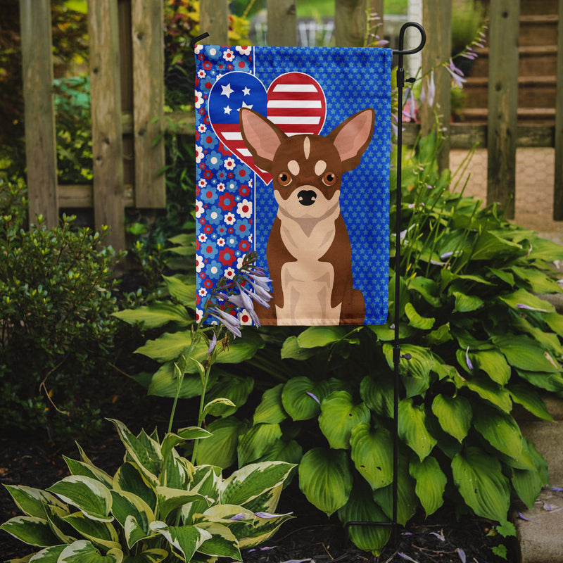 Red and White Chihuahua Patriotic Heart Garden Flag – Red, White & Blue Dog Decor with Star Background