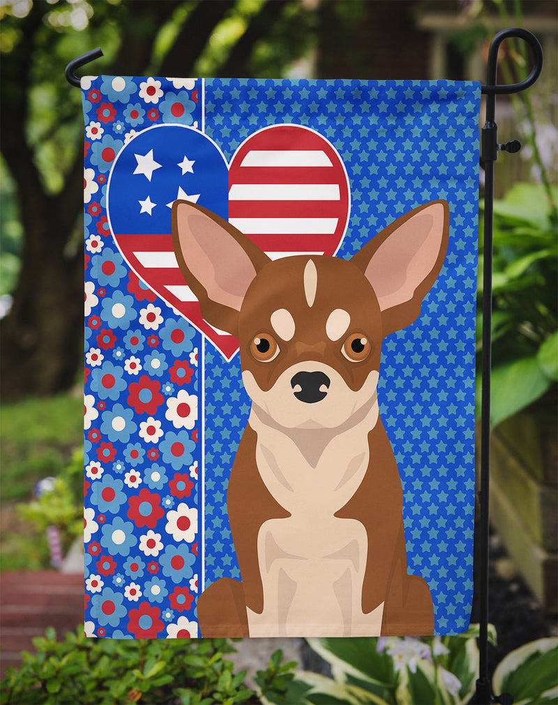 Red and White Chihuahua Patriotic Heart Garden Flag – Red, White & Blue Dog Decor with Star Background